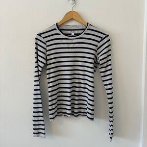 Argent Long Sleeve Ribbed Navy and Cream Striped T-Shirt | Size Medium